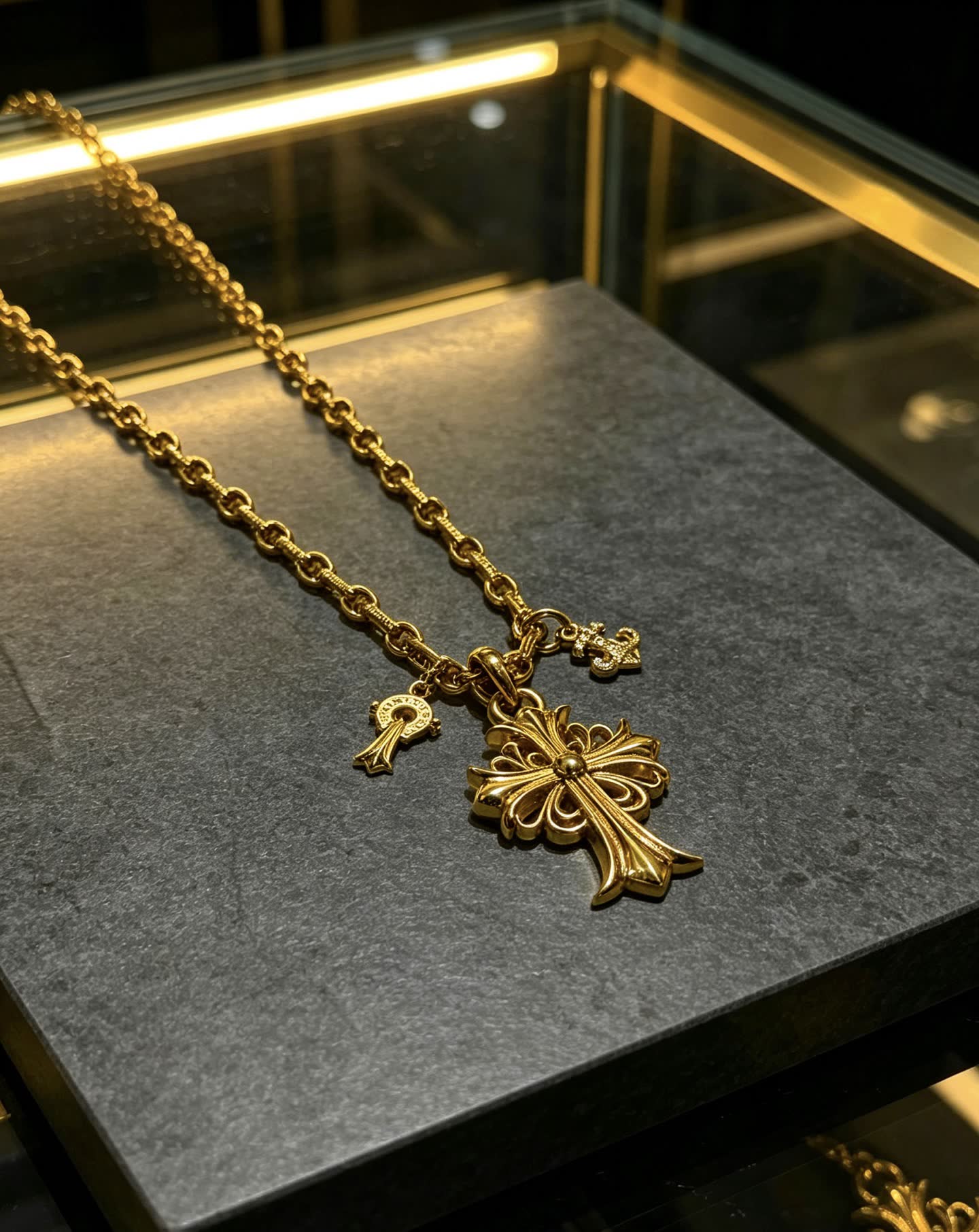 Chrome Hearts Gold-Plated Cross Pendant Necklace